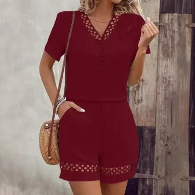 Women Fashion Casual Summer Vacation Solid Color Stitching V-Neck Short-Sleeve T-Shirt Loose Shorts Two-Piece Set