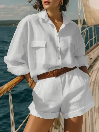 Women Fashion Casual Spring And Summer Solid Color Cotton Linen Lapel Long-Sleeve Blouse Loose Shorts Two-Piece Set