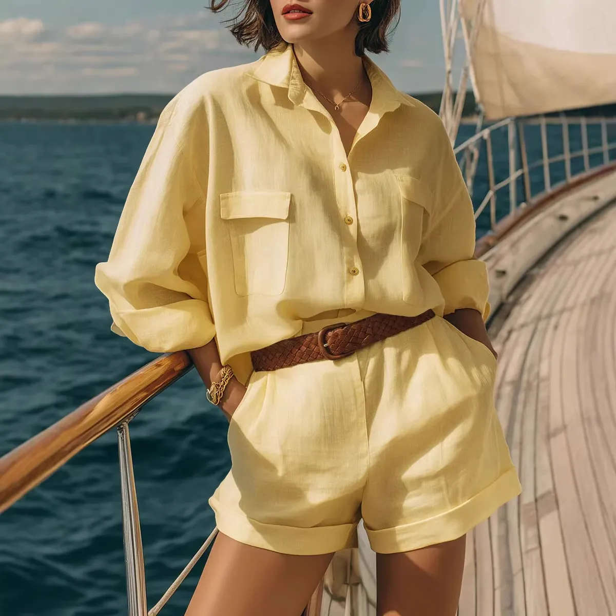 Women Fashion Casual Spring And Summer Solid Color Cotton Linen Lapel Long-Sleeve Blouse Loose Shorts Two-Piece Set
