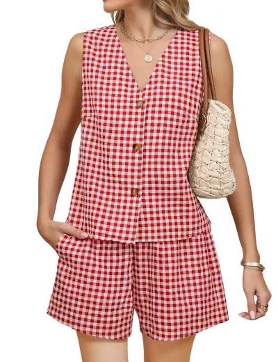 Women Fashion Casual Spring And Summer Plaid V-Neck Vest Elastic Waist Loose Shorts Two-Piece Set
