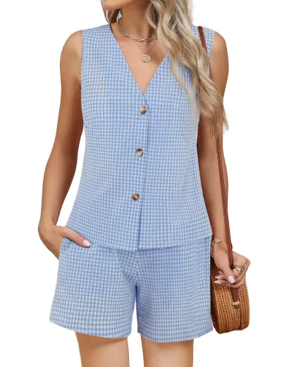 Women Fashion Casual Spring And Summer Plaid V-Neck Vest Elastic Waist Loose Shorts Two-Piece Set