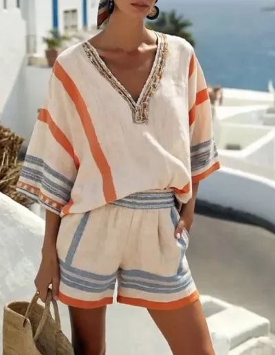 Women Fashion Casual Summer Vacatio Linen Stripe Printed V-Neck Blouse Loose Shorts Two-Piece Set