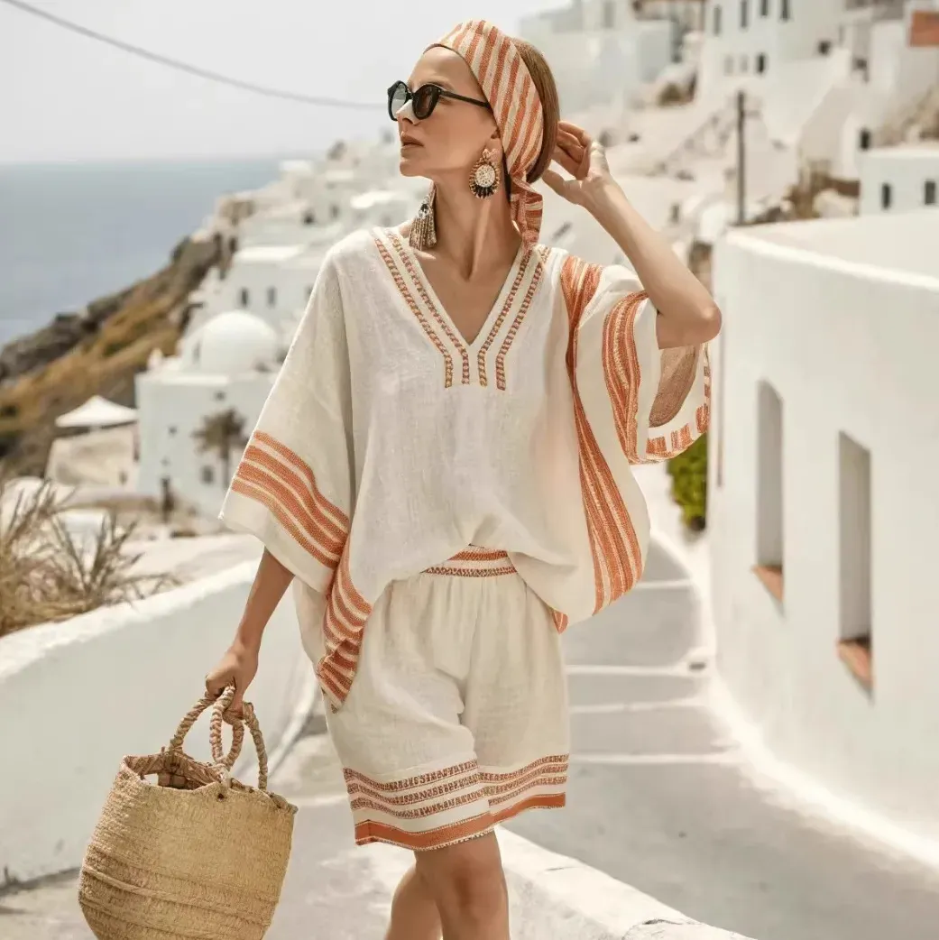 Women Fashion Casual Summer Vacatio Linen Stripe Printed V-Neck Blouse Loose Shorts Two-Piece Set