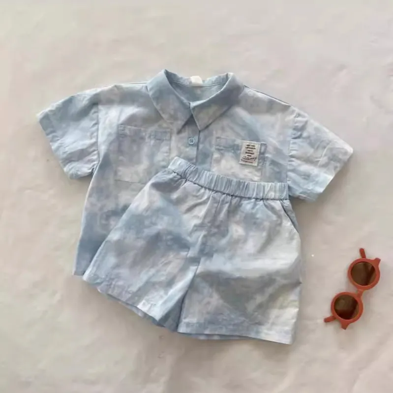 Kids Boy's Summer Casual Tie-Dye Lapel Short-Sleeve Blouse Loose Shorts Two-Piece Set