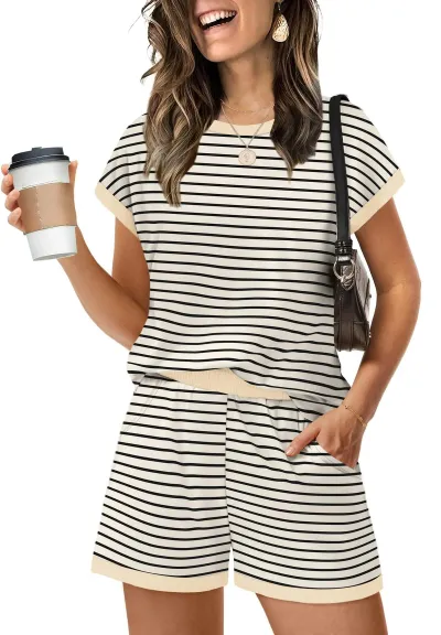 Women Fashion Casual Summer Simple Stripe Short Sleeve T-Shirt Loose Shorts Two-Piece Set