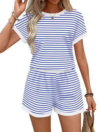 Women Fashion Casual Summer Simple Stripe Short Sleeve T-Shirt Loose Shorts Two-Piece Set