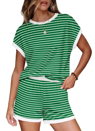 Women Fashion Casual Summer Simple Stripe Short Sleeve T-Shirt Loose Shorts Two-Piece Set