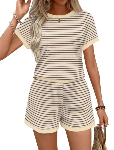Women Fashion Casual Summer Simple Stripe Short Sleeve T-Shirt Loose Shorts Two-Piece Set