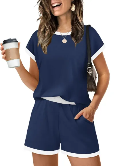 Women Fashion Casual Summer Simple Stripe Short Sleeve T-Shirt Loose Shorts Two-Piece Set