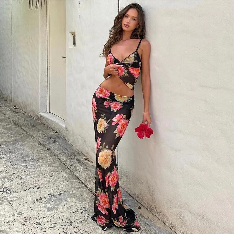 Women Fashion Sexy Summer Flower Printed Camisole Maxi Skirt Two-Piece Set
