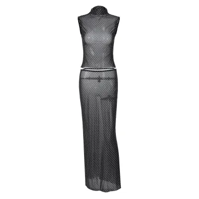Women Fashion Elegant Summer Polka Dot Print Sleeveless Tank Top Maxi Skirt Two-Piece Set