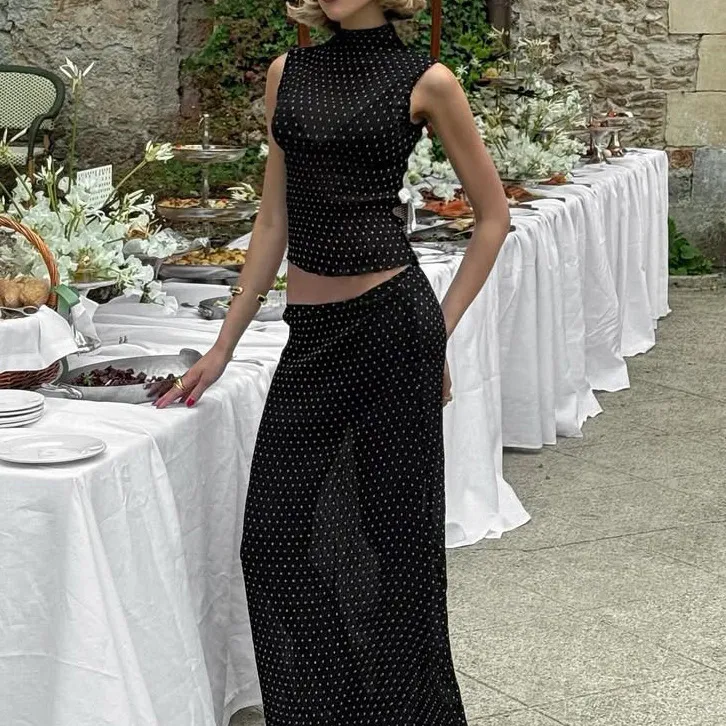Women Fashion Elegant Summer Polka Dot Print Sleeveless Tank Top Maxi Skirt Two-Piece Set