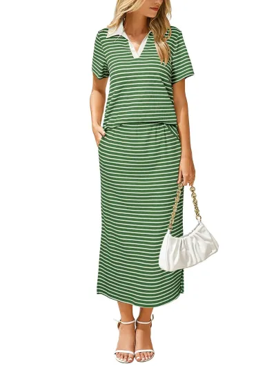 Women Fashion Casual Summer Stripe Lapel Short-Sleeve T-Shirt Split Maxi Skirt Two-Piece Set