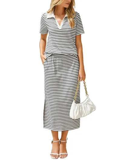 Women Fashion Casual Summer Stripe Lapel Short-Sleeve T-Shirt Split Maxi Skirt Two-Piece Set