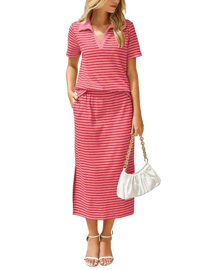 Women Fashion Casual Summer Stripe Lapel Short-Sleeve T-Shirt Split Maxi Skirt Two-Piece Set
