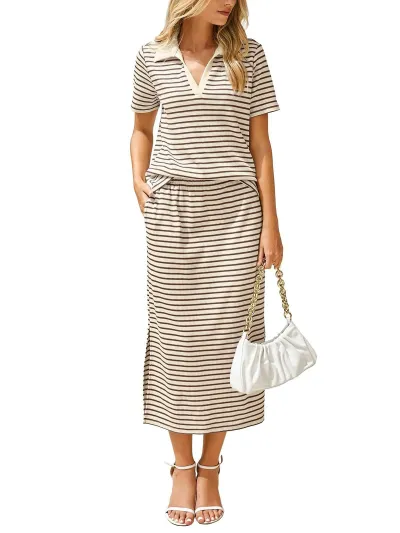 Women Fashion Casual Summer Stripe Lapel Short-Sleeve T-Shirt Split Maxi Skirt Two-Piece Set