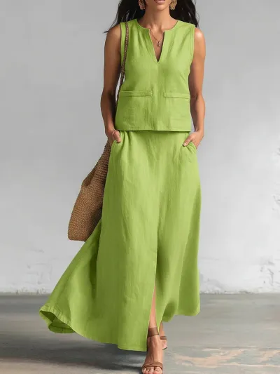 Women Fashion Casual Summer Solid Color Cotton And Linen V-Neck Sleeveless Tank Top Maxi Split Skirt Two-Piece Set
