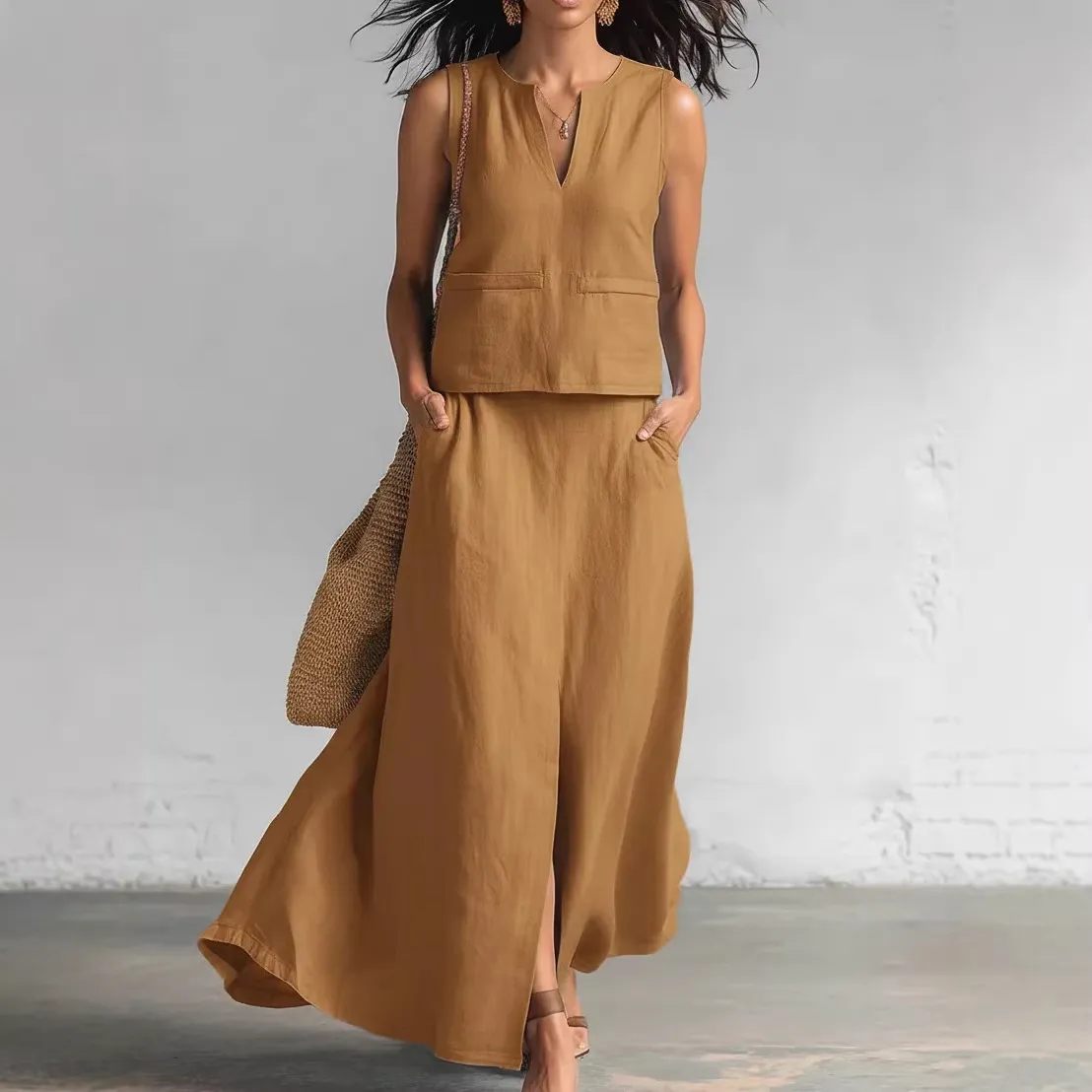 Women Fashion Casual Summer Solid Color Cotton And Linen V-Neck Sleeveless Tank Top Maxi Split Skirt Two-Piece Set