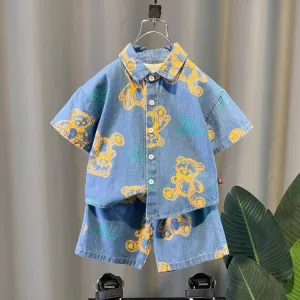 Kids Boys Fashion Casual Summer Printed Lapel Short-Sleeve Blouse Loose Shorts Two-Piece Set