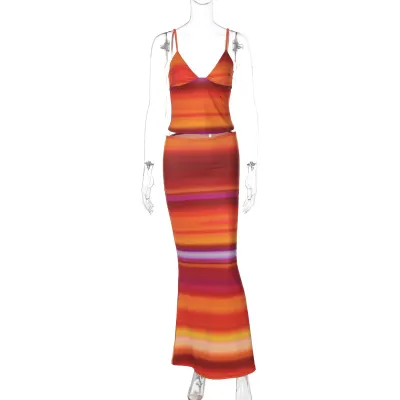 Women Fashion Sexy Summer Printed V-Neck Camisole Slim-Fit Maxi Skirt Two-Piece Set