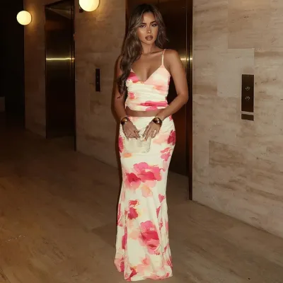 Women Fashion Sexy Summer Printed V-Neck Camisole Slim-Fit Maxi Skirt Two-Piece Set