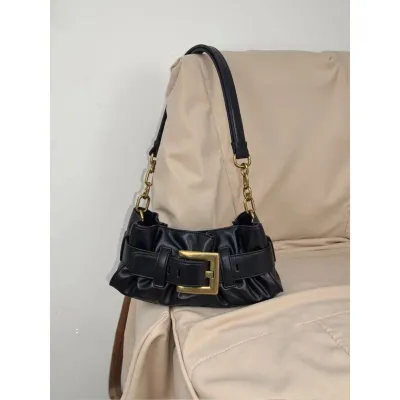 Women Fashion Casual Retro Solid Color Pleated Belt Buckle Design Shoulder Bag