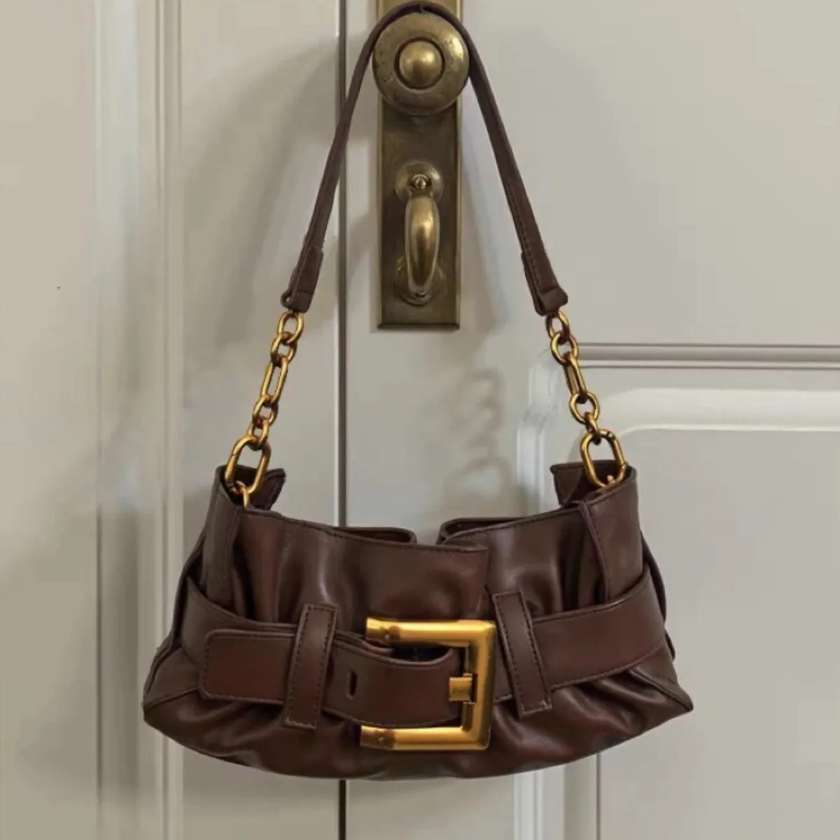 Women Fashion Casual Retro Solid Color Pleated Belt Buckle Design Shoulder Bag