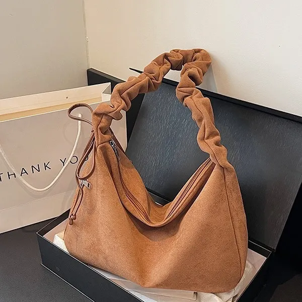 Women Retro Casual Pleated Solid Color Large Capacity Canvas Shoulder Bag