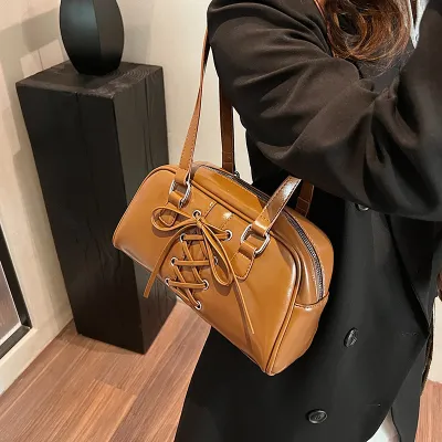 Women Fashion Casual Solid Color Bowknot PU Shoulder Bag with Zipper