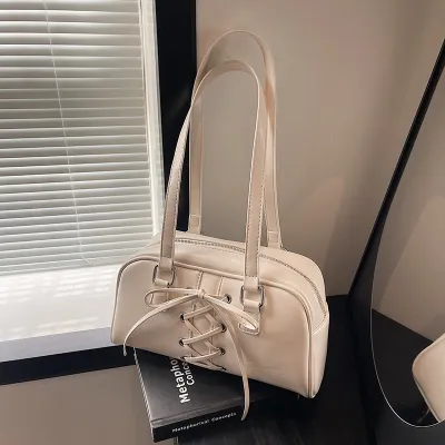 Women Fashion Casual Solid Color Bowknot PU Shoulder Bag with Zipper