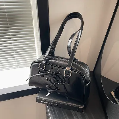 Women Fashion Casual Solid Color Bowknot PU Shoulder Bag with Zipper