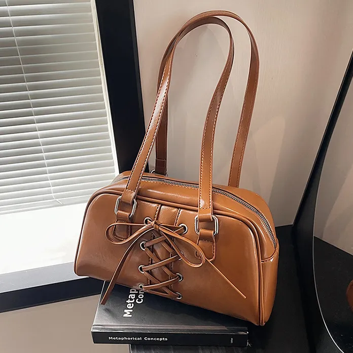 Women Fashion Casual Solid Color Bowknot PU Shoulder Bag with Zipper