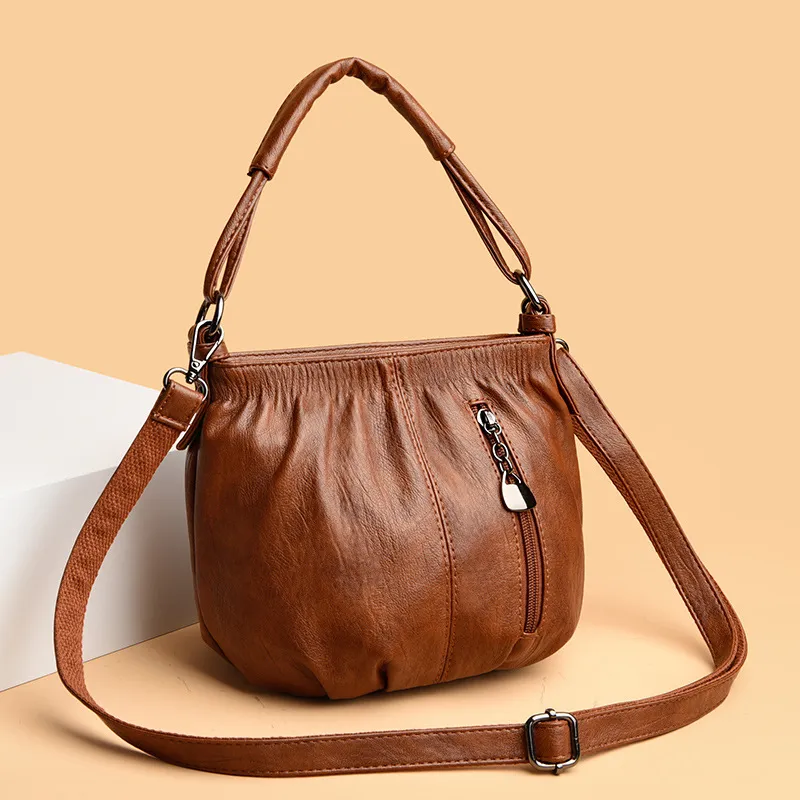 Women Fashion Retro Solid Color Multi-Layer Large Capacity PU Shoulder Bag