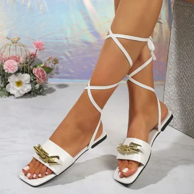 Women's Casual Solid Color Square Toe Lace Up Flat Sandals PU Plus Size