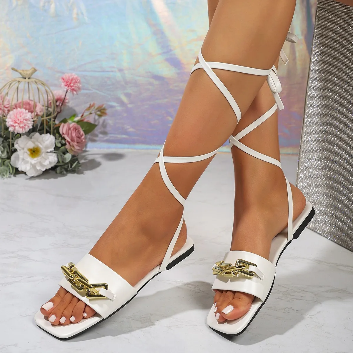 Women's Casual Solid Color Square Toe Lace Up Flat Sandals PU Plus Size