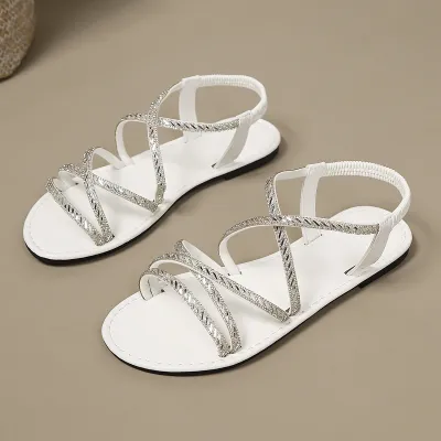 Women Fashion Casual Solid Color Peep Toe PU Flat Sandals Plus Size