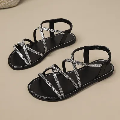 Women Fashion Casual Solid Color Peep Toe PU Flat Sandals Plus Size