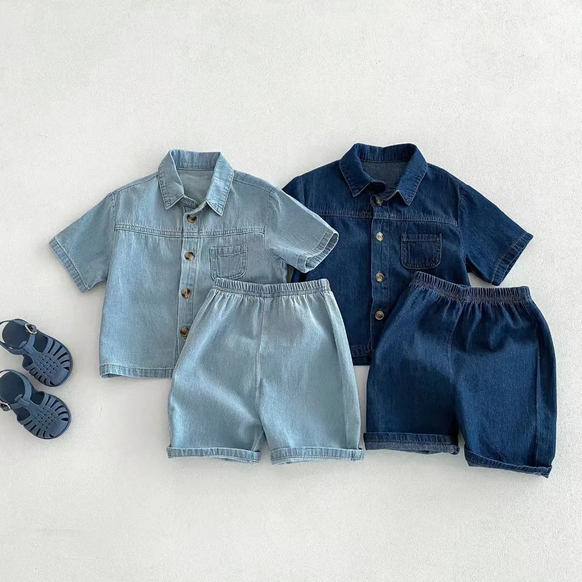 Kids Baby Boys And Girls Fashion Casual Summer Lapel Short-Sleeve Jacket Loose Shorts Denim Two-Piece Set