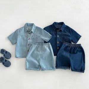 Kids Baby Boys And Girls Fashion Casual Summer Lapel Short-Sleeve Jacket Loose Shorts Denim Two-Piece Set