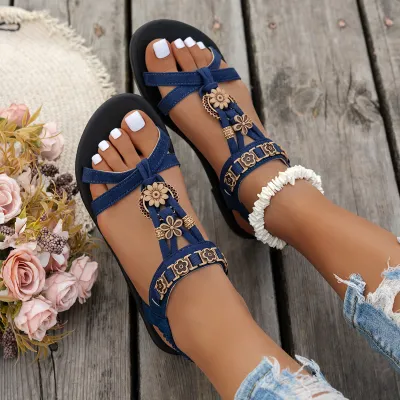 Women's Boho Beads Round-Toe Flat Sandals Plus Size