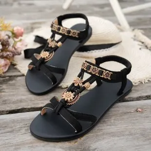 Women Fashion Casual Summer Boho Beads Round-Toe Flat Sandals Plus Size