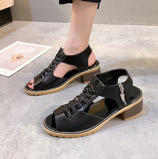 Women Fashion Casual Solid Color Peep-Toe High Heels Zipper Sandals Plus Size