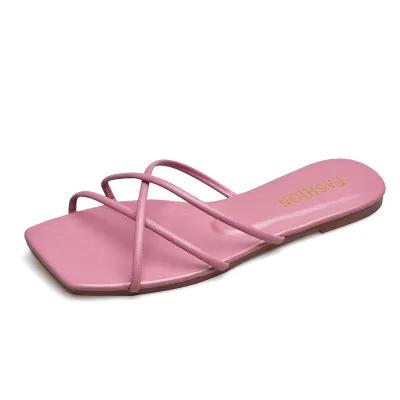 Women Fashion Casual Solid Color Thin Cross Strap Square-Toe Flat Slippers Plus Size
