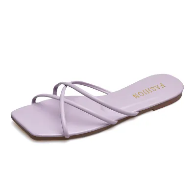 Women Fashion Casual Solid Color Thin Cross Strap Square-Toe Flat Slippers Plus Size