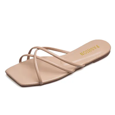 Women Fashion Casual Solid Color Thin Cross Strap Square-Toe Flat Slippers Plus Size