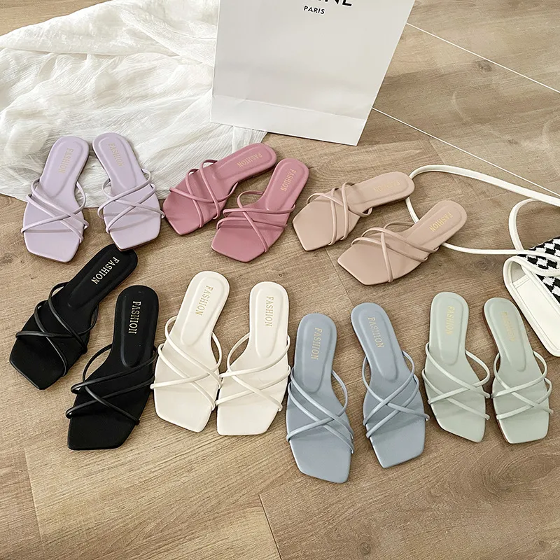 Women Fashion Casual Solid Color Thin Cross Strap Square-Toe Flat Slippers Plus Size
