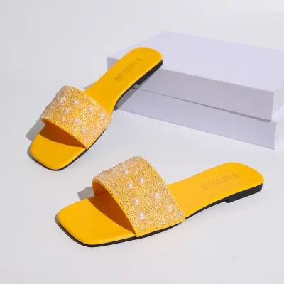 Women Pearl Rhinestone Square-Toe Flat Slippers Plus Size Slip On PU Rubber Sole Solid Color
