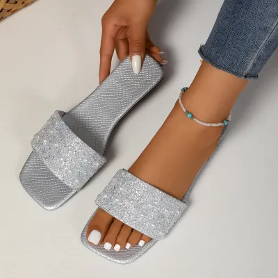 Women Pearl Rhinestone Square-Toe Flat Slippers Plus Size Slip On PU Rubber Sole Solid Color