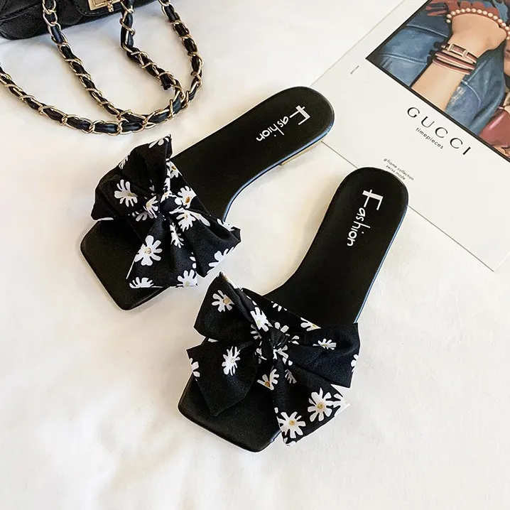 Women Fashion Casual Summer Printed Bowknot Square-Toe Flat Cloth Slippers