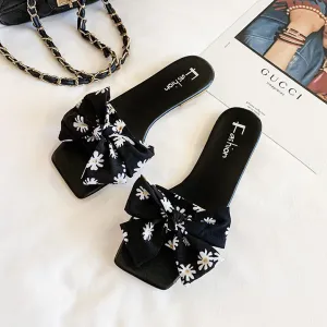 Women Fashion Casual Summer Printed Bowknot Square-Toe Flat Cloth Slippers